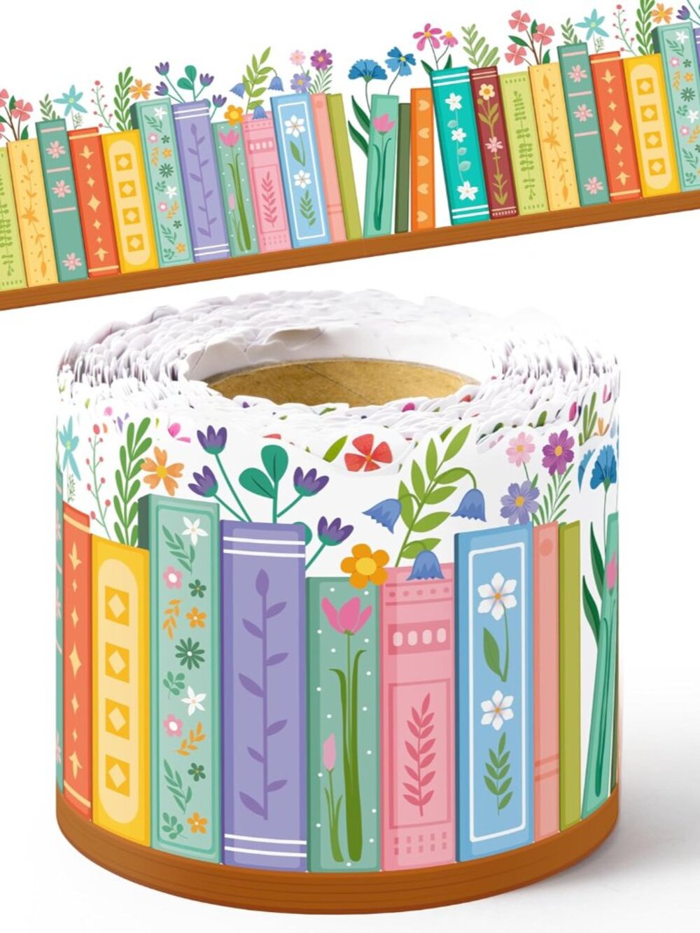 Wildflower Bookshelf Border Trim - 65ft Back to School Floral Books Rolled Borde